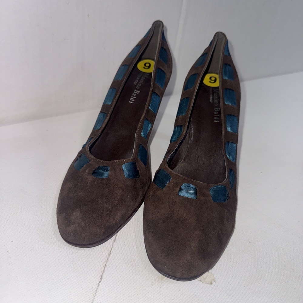 MASSIMO BALDI ITALY Ribbon Brown Sueded LEATHER PUMPS HEELS Shoes Sz 9 B - Picture 2 of 13